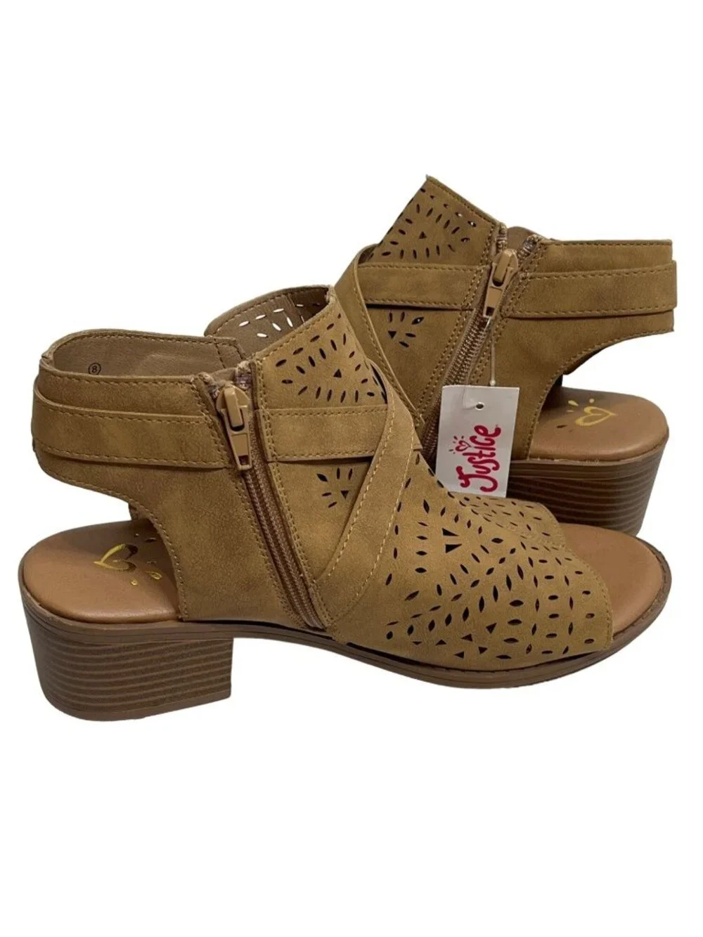 Justice Girls Size 8 Brown Faux Suede Open Toe Block Heel Sandals